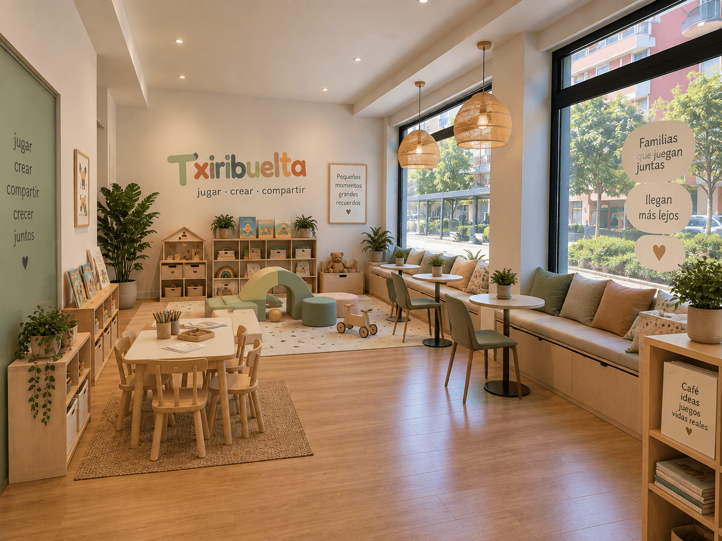 Interior de Txiribuelta con familias en el rincón de café y niños jugando a la vista